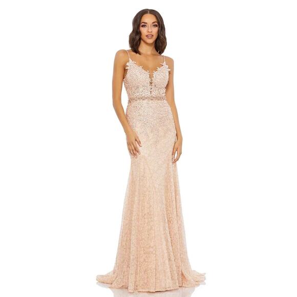 Mac Duggal 79341 Appliqué Sleeveless Plunge Neck Trumpet Gown NWT Blush - Picture 2 of 8